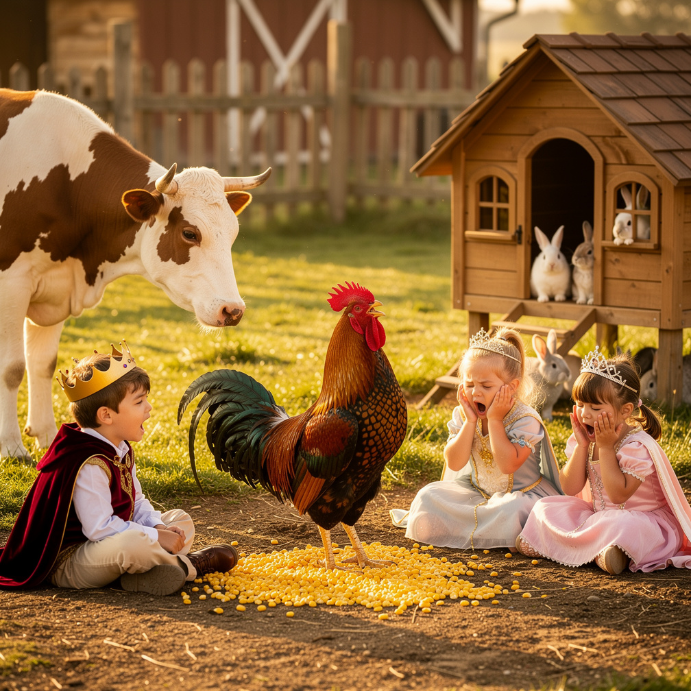 Imagine se: Acordem princesinhas pequeninas e príncipes pequeninos, para brincar conosco.
O galo quer ensinar as crianças a