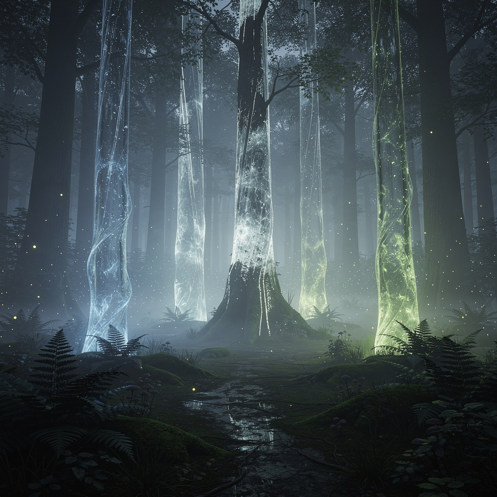 Bayangkan jika: Di jantung hutan mistis, Anda menemukan sebuah lapangan terbuka di mana pohon-pohon kuno telah berubah menjad