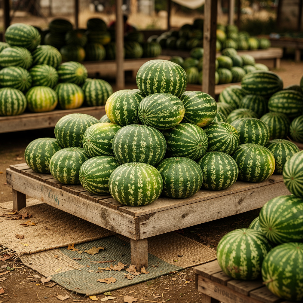 Imagine if: ভিজুয়াল: বাজারে অনেক তরমুজ সাজানো।
🎤 ভয়েসওভার:
“আমরা তরমুজরা খুব শান্তিতে ছিলাম…”
🔊 SFX: হালকা বাজারের শব্দ।