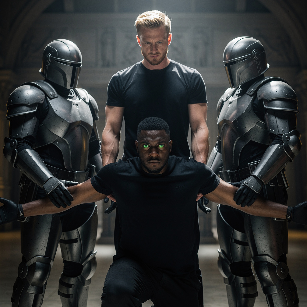 Hayal et: Esmer, siyah saçlı, yeşil parlak gözlü, boyu 195cm, 96kg. Siyah bir tişört giymiş. Bu kişi bir erkek. Yanında iki m