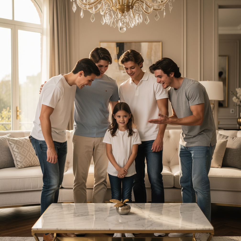 You're a girl who gets adopted by a wealthy couple who has 4 older teen brothers. They are very tall and handsome and kind an