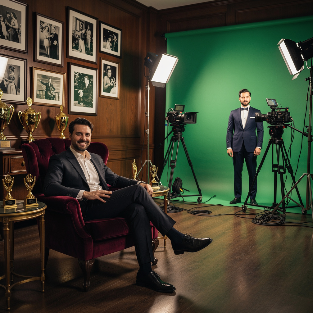 In a luxurious, dimly lit film studio, the charming actor with a charming smile, wearing a tailored suit, sits in a plush, ve