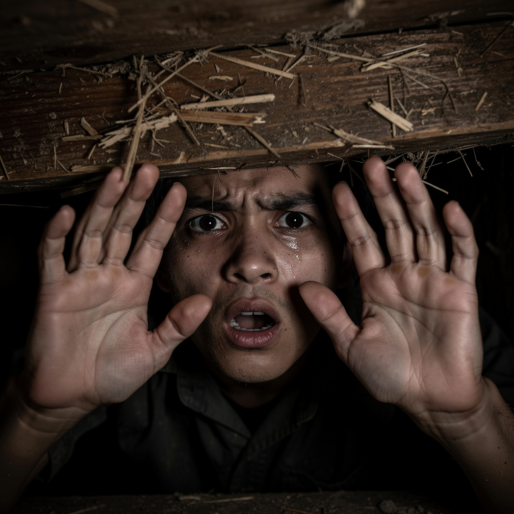 against my fingertips as I raised my hands, confirming the nightmare was real.
Then his voice returned—calm, distant, distort