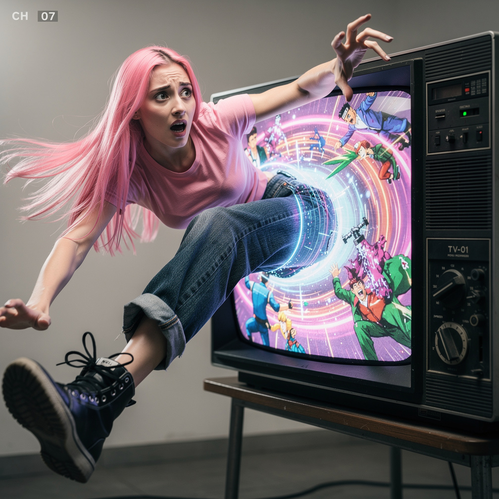 Imagine se: Um plano médio de uma jovem com cabelos longos e lisos, rosa chiclete, usando uma camiseta rosa bebê, jeans azul