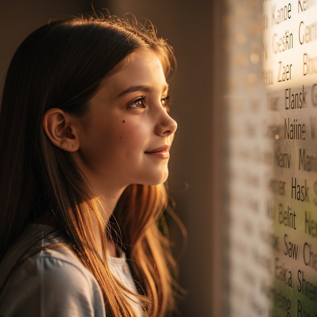 تخيل لو: فتاة متوسطة الطول عيناها عسليتان وشعرها بني وطويل ولديها خنة تحت عينها وجسمها جميل ومبتسم ونيف متوسط وتنظر إلى أسماء