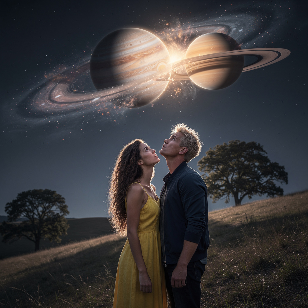 Hayal et: Jupiter ile Saturn gezegenin çarpışmasını Dünya'dan izleyen bir çift.