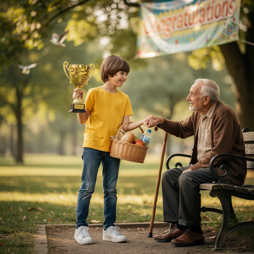 Then a kid sees an old man and gives food to the old man.