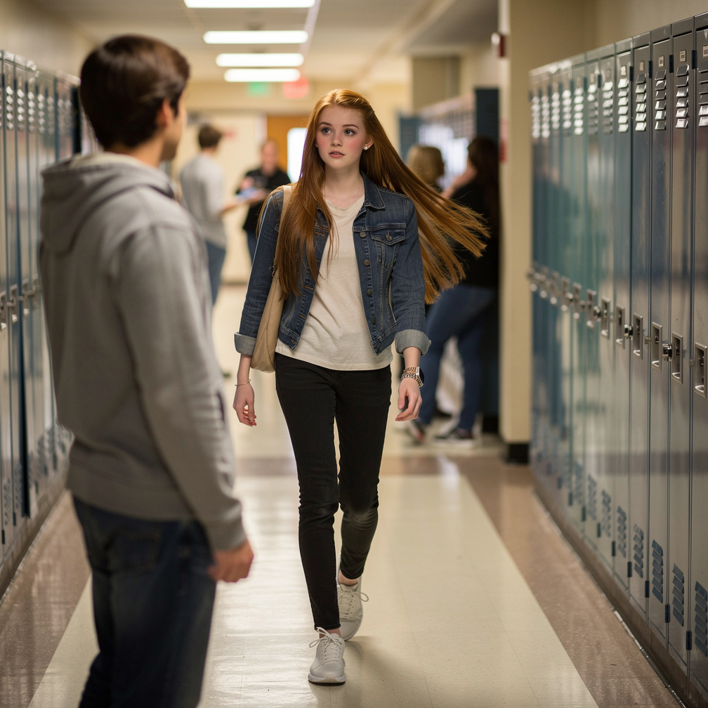Koridorda seni görüp yanına geldi, uzun kumral saçları mavi gözlerinin yanlarında sallanıyor.