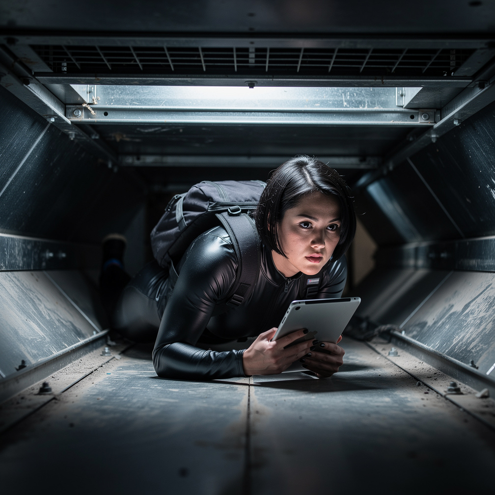 She quickly and efficiently makes her way into an air-conditioning duct in the roof and lies low till authorities give up and