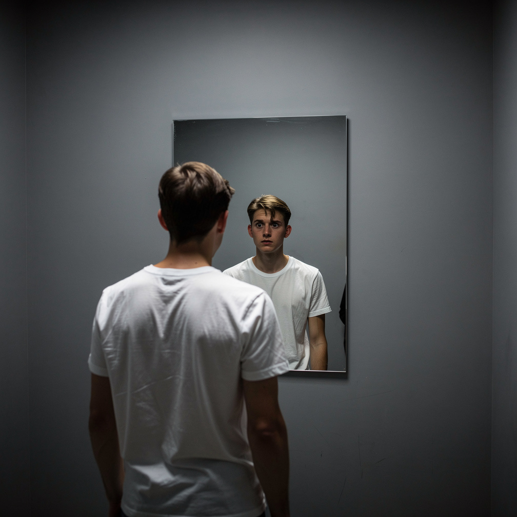 عندما عاد الضوء، لم يجد الشاب الباب ولا الشارع الذي كان فيه. كان يقف وحده في غرفة صغيرة، والمرآة أمامه تعكس صورته فقط. حاول ا