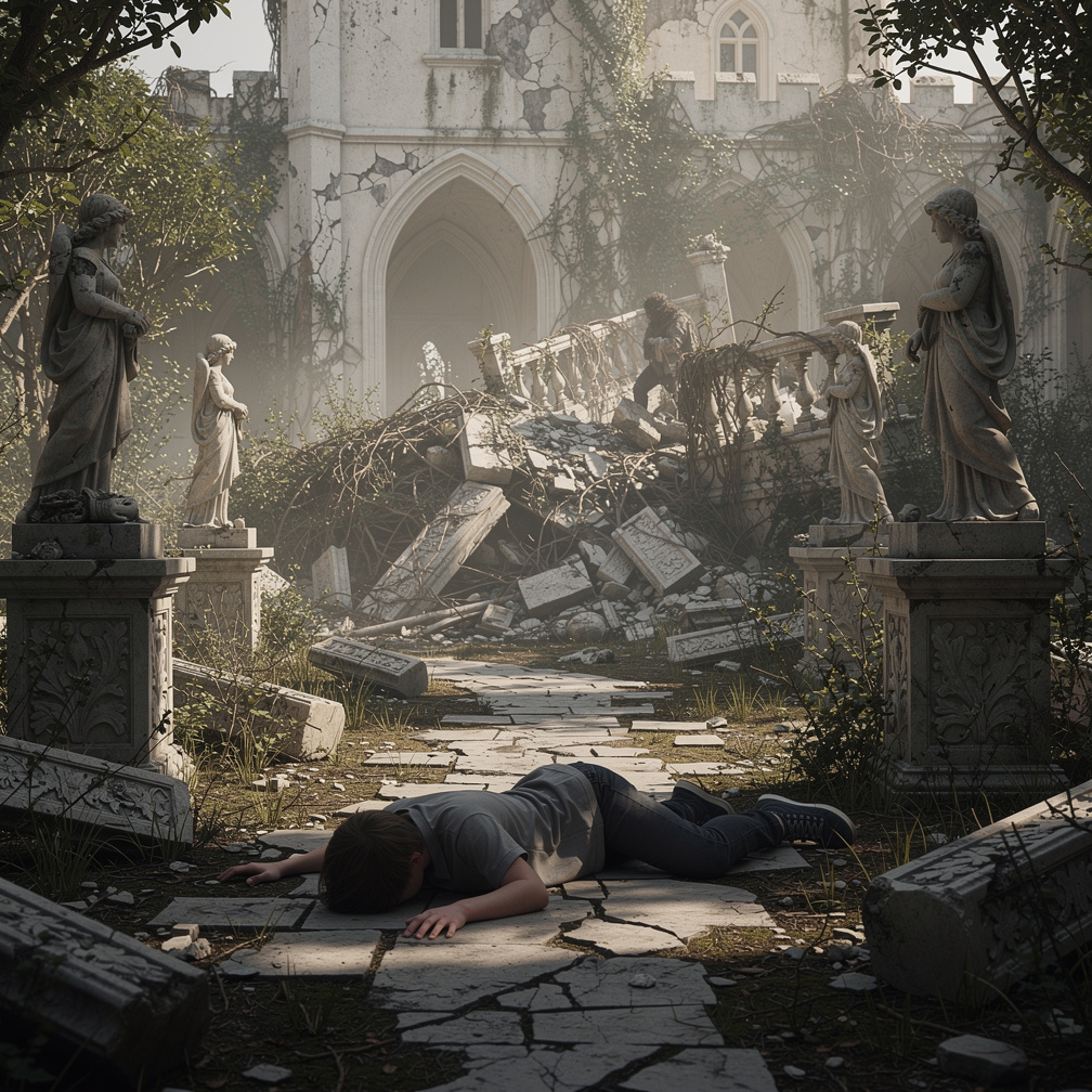 Exploras más por curiosidad que por seguridad, al acercarte a unos jardines destruidos ves algo moviéndose entre los escombro