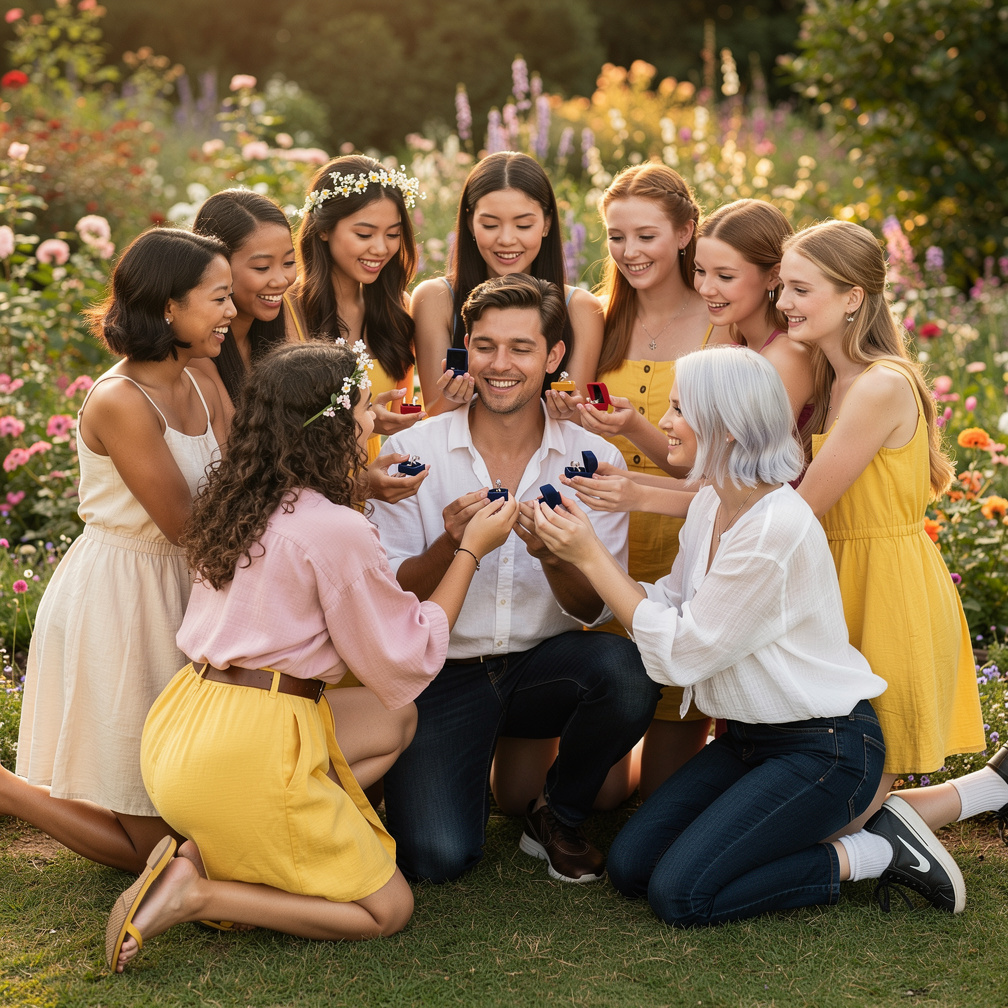 بطرق ما، من خلال الحظ والقدر فقط، يقعون جميعاً في حب ذلك الرجل في نفس الوقت ويتقدمون له على ركبهم ليتزوجوه، والرجل يقبل مقترح