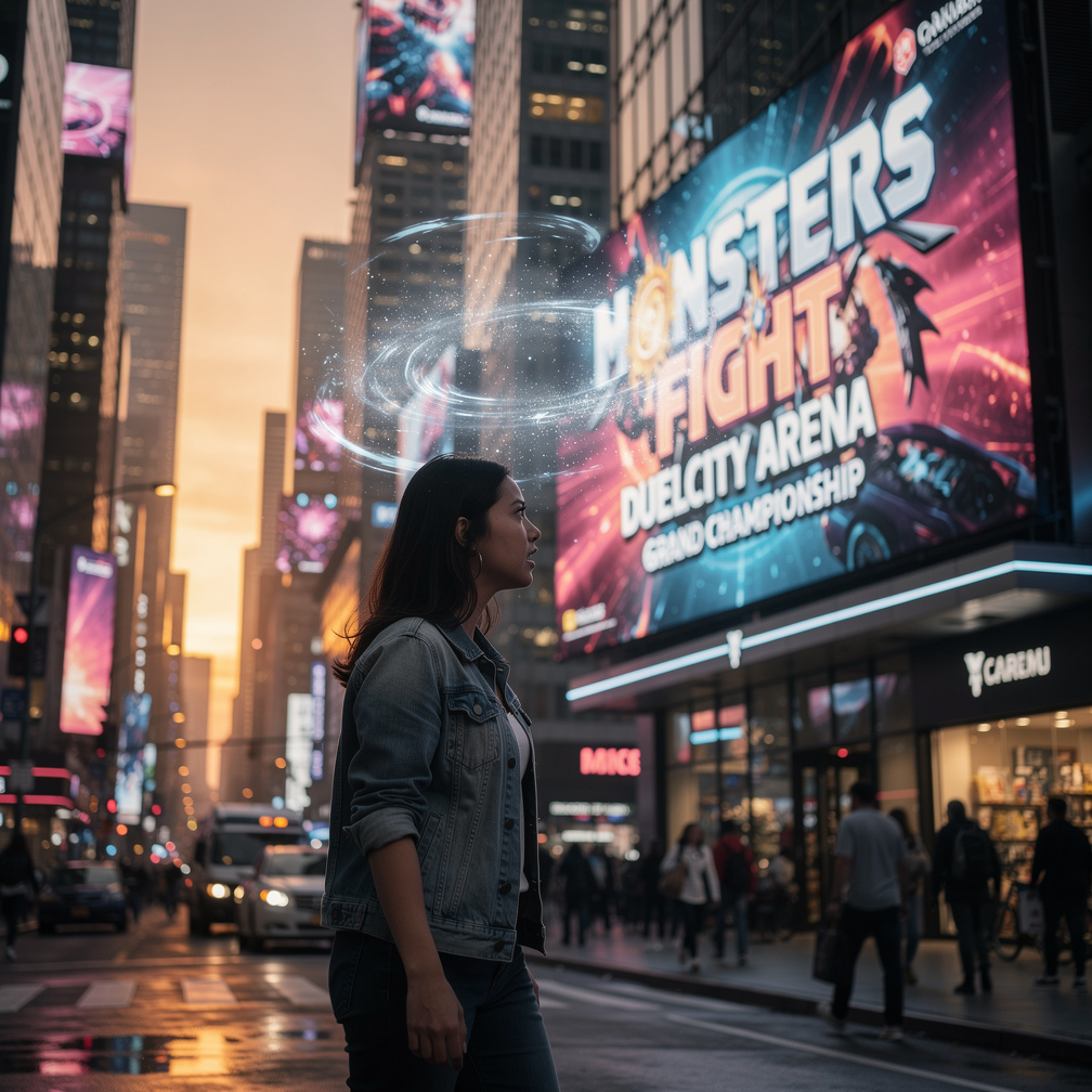 Imagine se: Athena andava pelas ruas de Duelcity e viu o anúncio de um torneio de Monsters Fight, o cardápio do game popular 