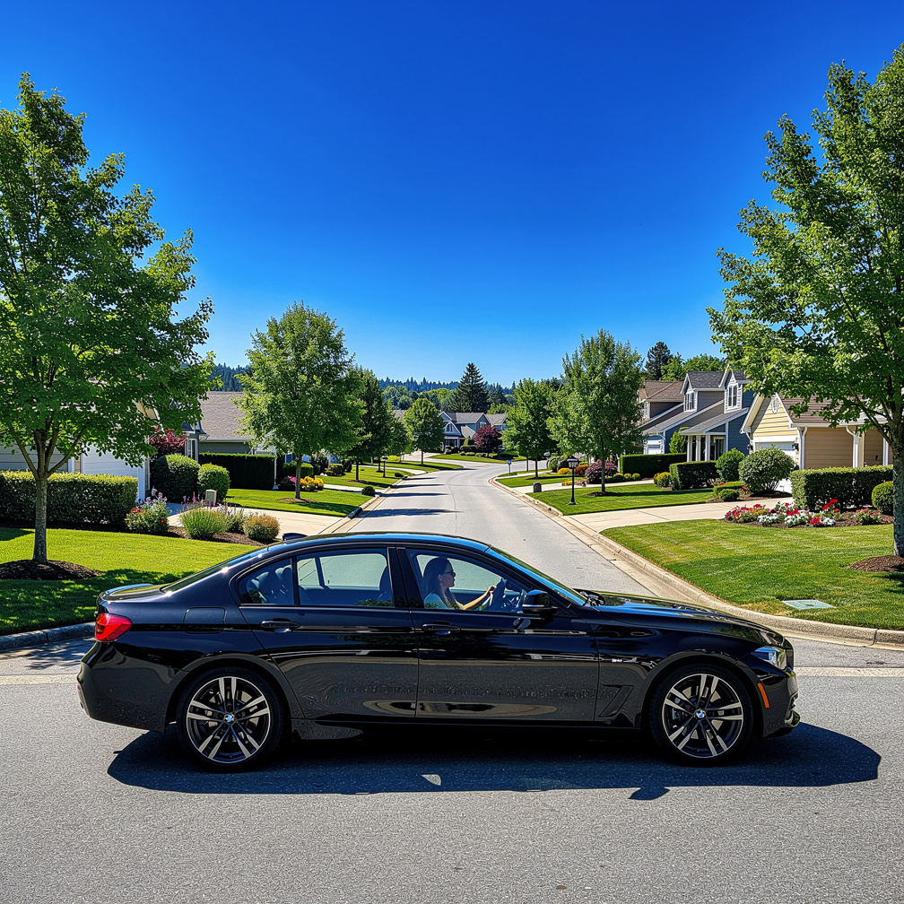 Imagine if: A panoramic view of Willow Creek, a seemingly peaceful suburban town with manicured lawns and quaint houses. The 