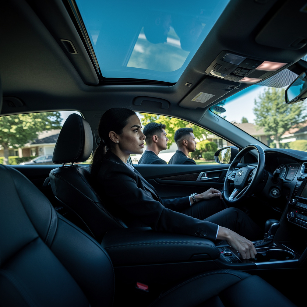 Inside the sedan. Alexandra Trese, in her signature black suit, sits in the passenger seat, eyes scanning the passing scenery