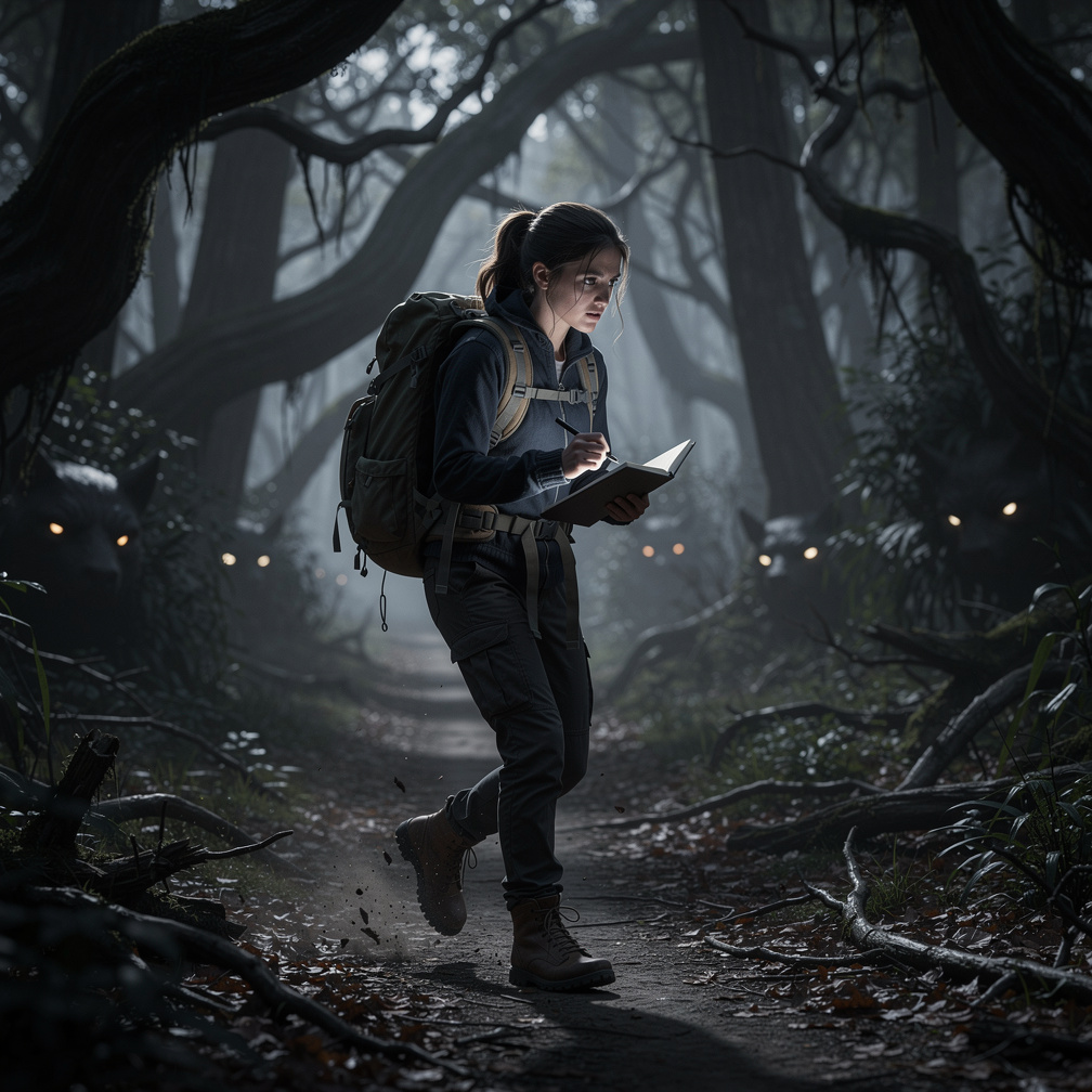 Imagine if: A woman who's a journalist, tries to write about a dark and grim forest as that is also where her mother went mis