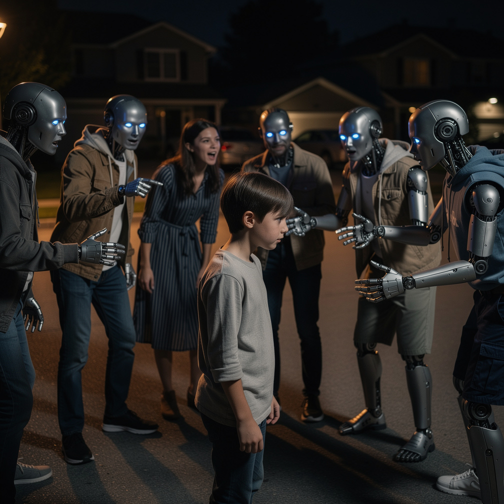 Well suddenly a lot of robots bullied you and laughed at you for being a real person and not a robot as suddenly your own fam