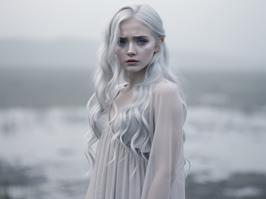 Bayangkan jika: diberkahi visual yang sempurna seperti rambut White Silver panjang bergelombang yang indah, bola mata biru ba