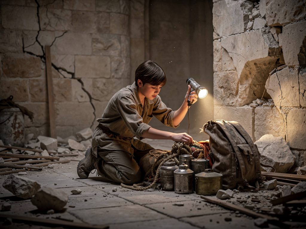 Entre los suministros encuentra una linterna y una mochila gastada.