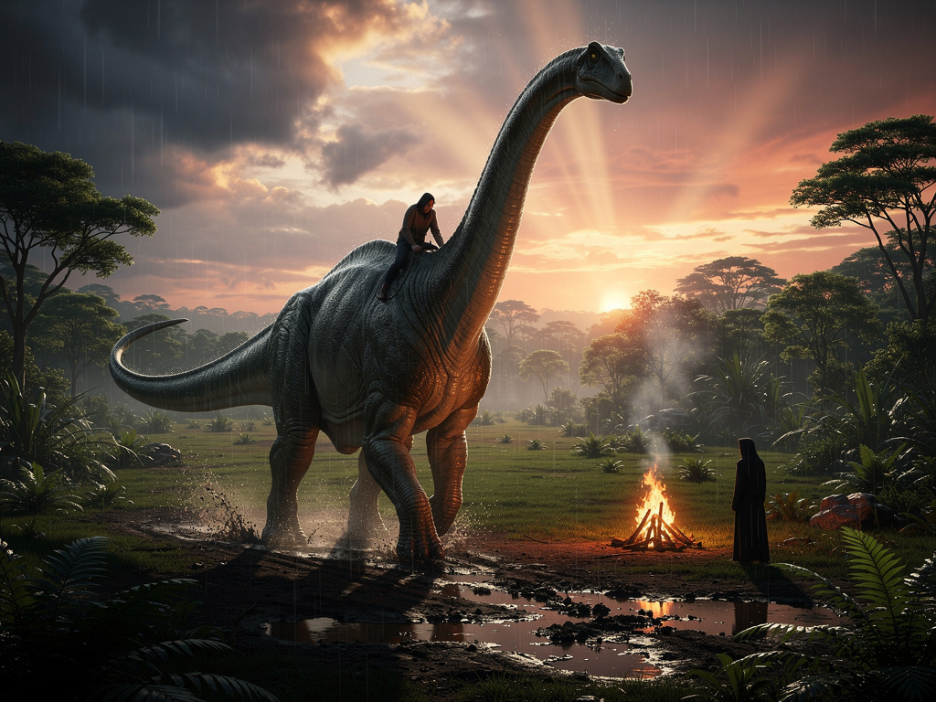Imagine if: Dinosaurs still were a part of the world.
It's raining, you are riding a Brachiosaurus, the rain suddenly begins 
