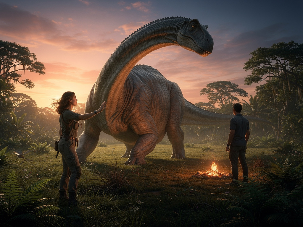The Brachiosaurus puts his body lower as the woman who rides him climbs off with power and femininity, she stares at the man 
