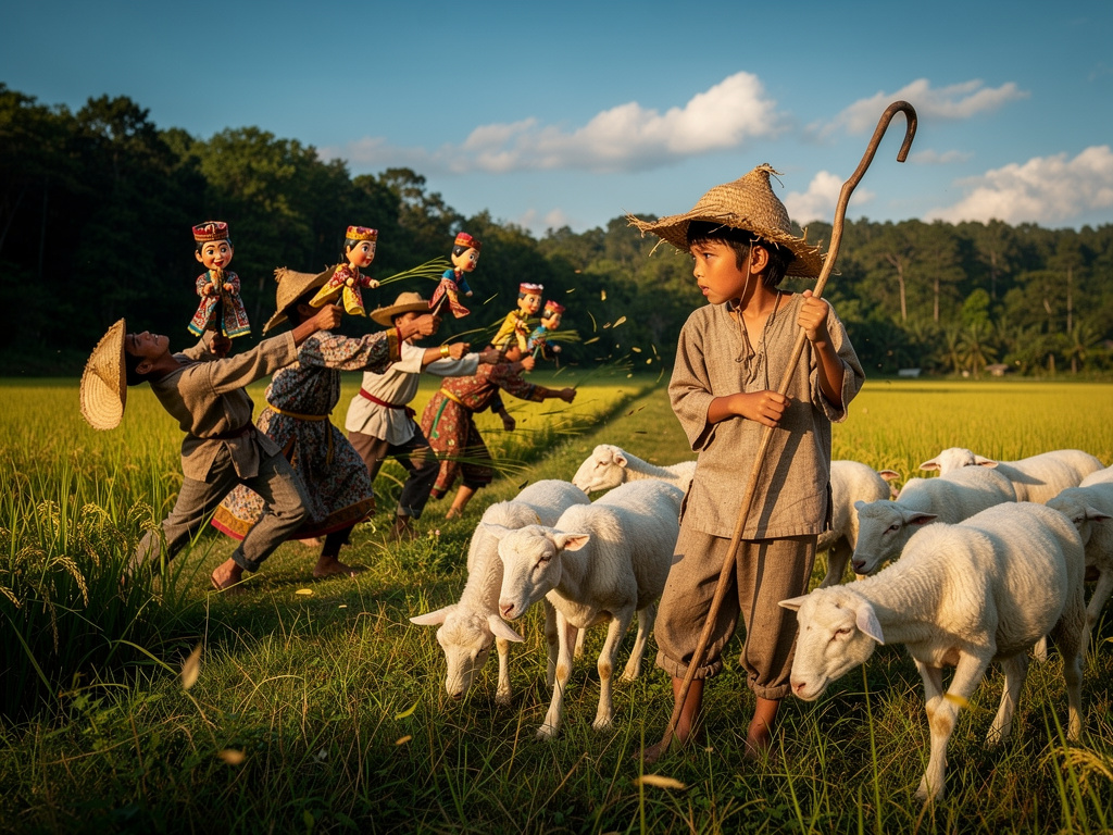 Bayangkan jika: Seorang ciwok pengembala muda mengembala domba-domba di padang rumput yang terletak di antara persawahan dan 