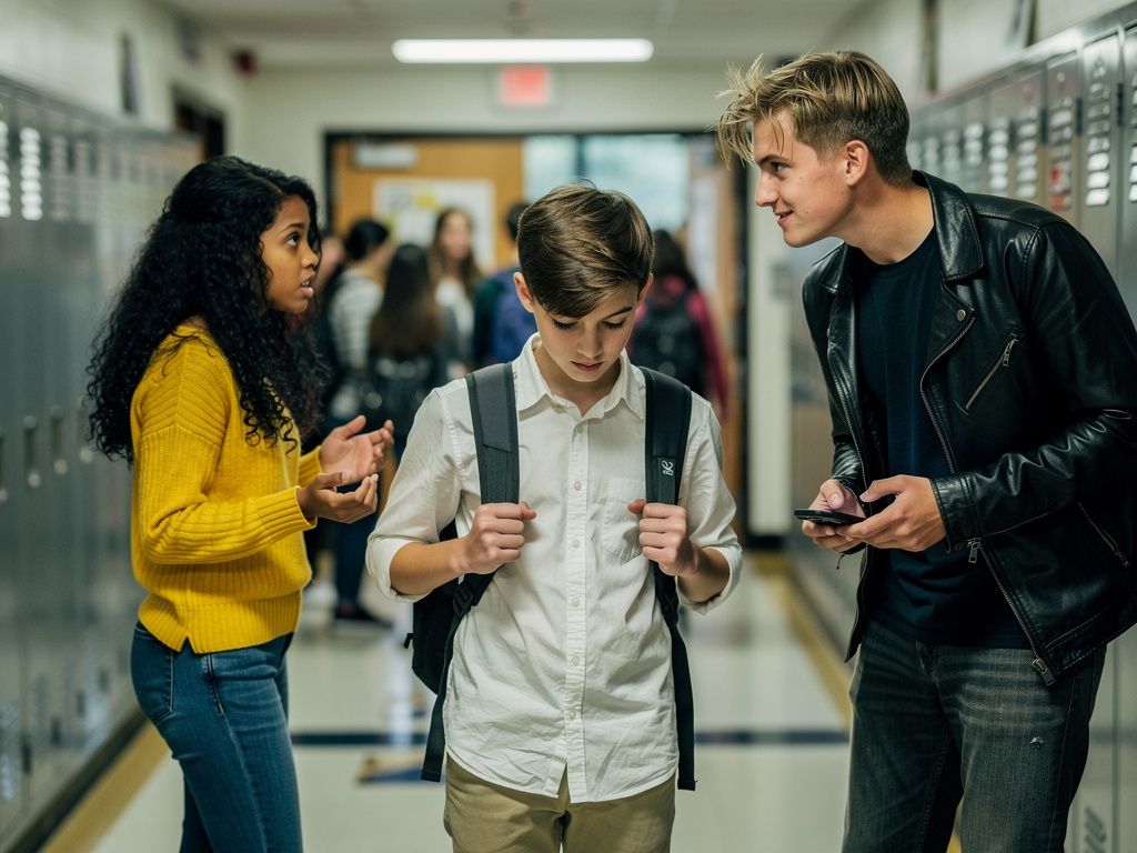 Imagine if: A quiet and kind boy at school is often bullied by an older student who teases him, takes his belongings, and emb