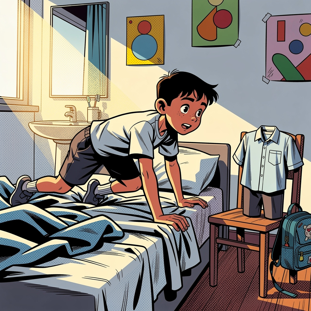 ilk görevi yataktan çıkmak ve yüzünü yıkamak, ardından okul üniformasını giymek