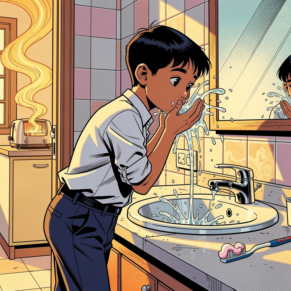 Önce yüzünü yıkadı. Sonra dişlerini fırçaladı. Okul kıyafetlerini giydi. Annesinin hazırladığı sıcak tostun kokusu burnuna ge