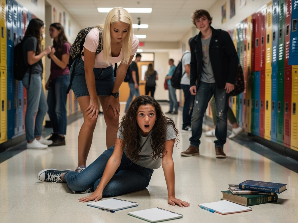 Just when she pushes you to the floor and your books scatter. The bad boy enters the school and sees.