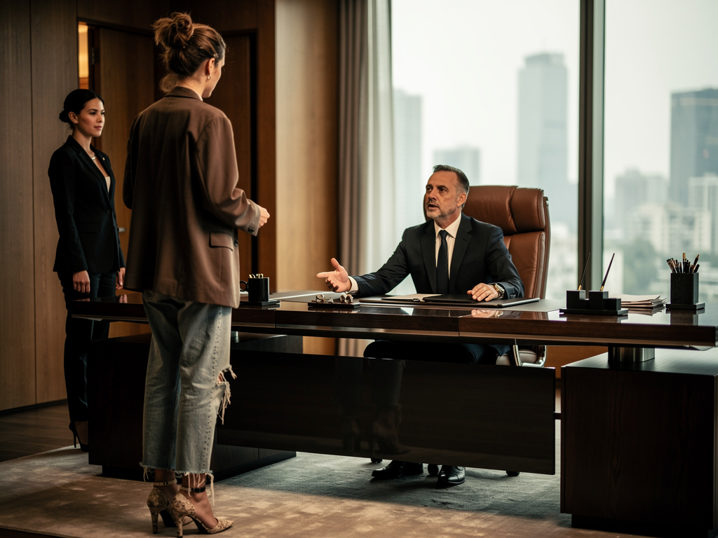 Imagine if: A cold CEO is sitting behind his desk and his assistant knocks on the door. She enters and tells him his 10:00am 