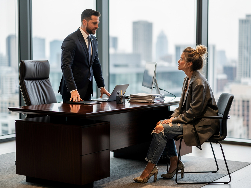 He asks you to sit and when you do, he asks his assistant to leave. When you're alone with him he stands up.
