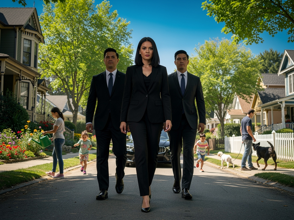 The next morning. Alexandra is walking through a bustling Willow Creek neighborhood. She observes various residents: a woman 