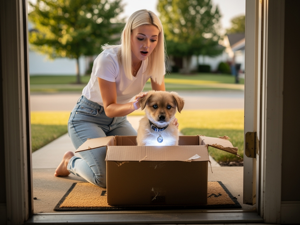 Imagina si: Una caja llega a tu puerta, escuchas ruidos, al abrirla ves un cachorro de perro, pero traía un collar con un dij