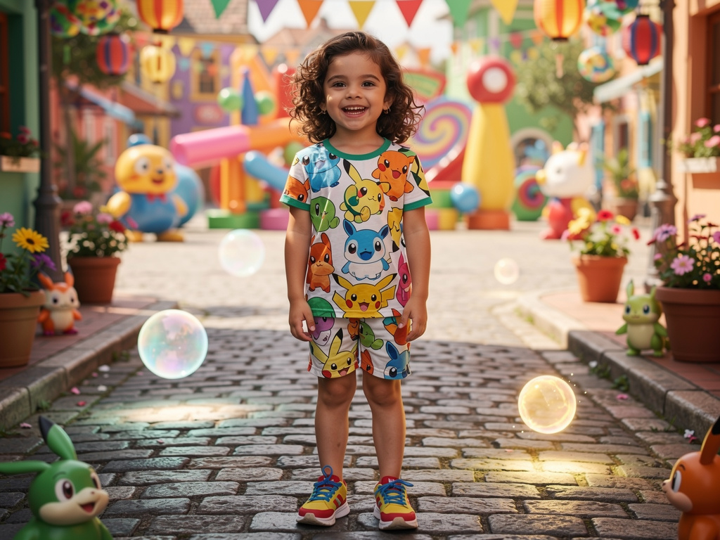 Ela tem cabelo preto em cima da cabeça e nas pontas a baixo são loiro, veste uma blusa com dese de pokmon. 
Sainha vermelha, 