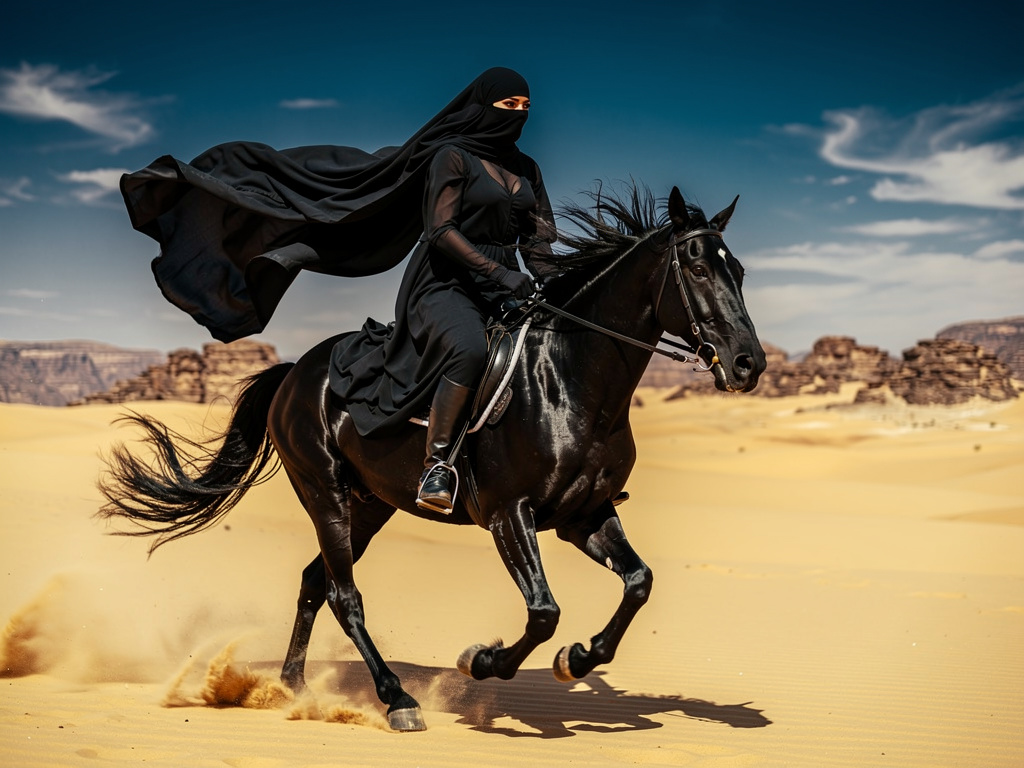 تخيل لو: الغيمة السوداء هي امرأة تركب على حصان وترتدي ملابسا سوداء. وكذلك تضع لساما على وجهها ولا يظهر سوى عينيها وتسير في ال