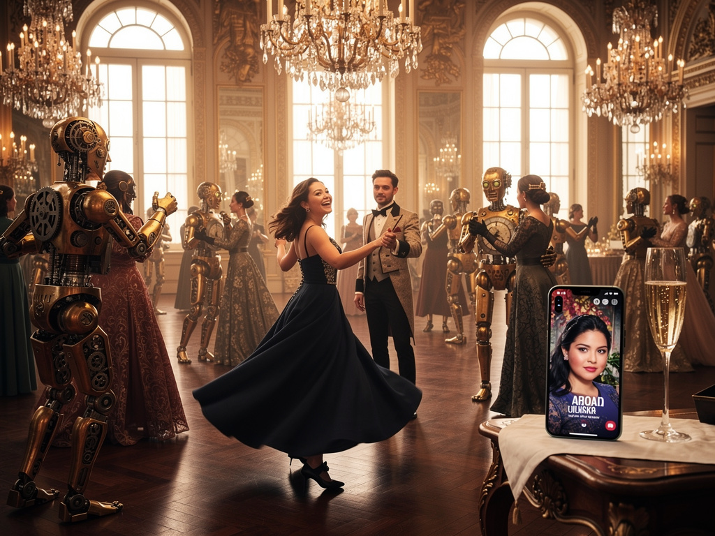 Imagina si: Al entrar en el gran salón de baile, notas que cada invitado es una obra maestra de relojería y engranajes, excep