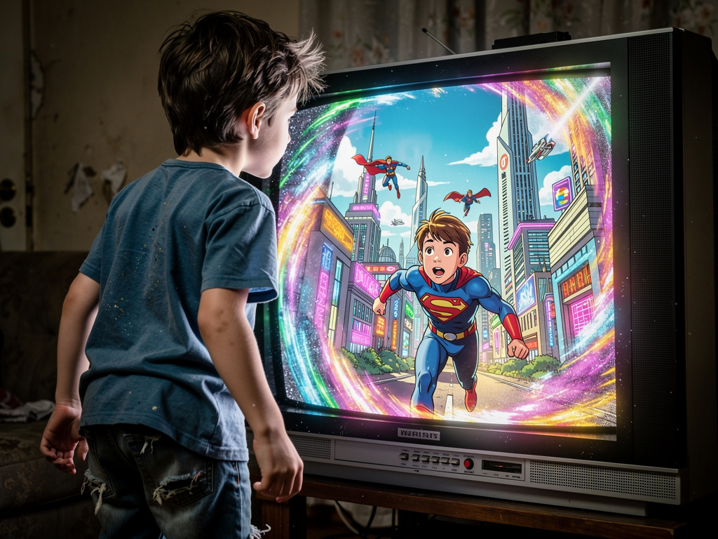 Un chico pobre se mete en un mundo dentro de la televisión de dibujos de superhéroes y se vuelve un superhéroe. Q tenga avent