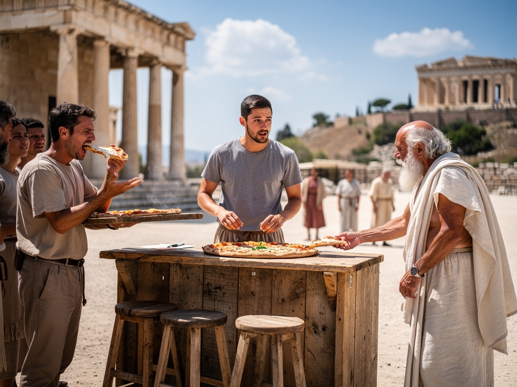 Imagine if: What happens if you brought pizza to ancient Greece 

Day one you set up a stall no one comes but a man comes and