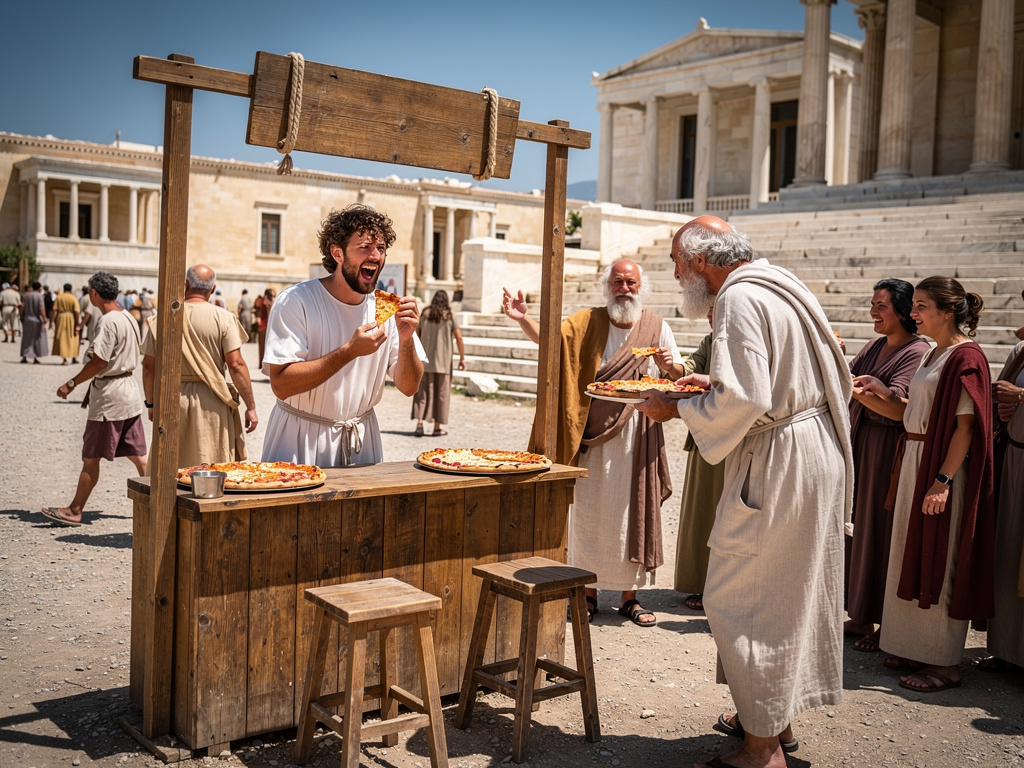 Imagine if: What happens if you brought pizza to ancient Greece 

Day one you set up a stall no one comes but a man comes and