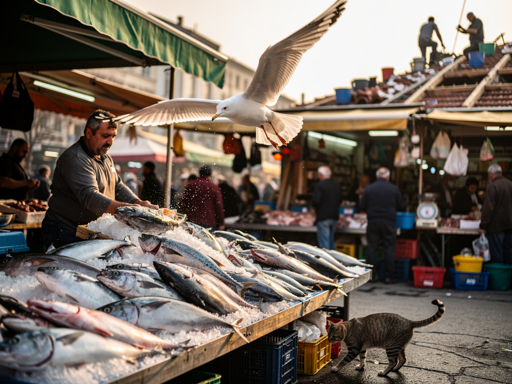 Ve bir balık pazarından balık alarım palamut peşimden kedi gelir çok kalabalıktı tezgah balık dolu bir adam tezgaha şu fırlat