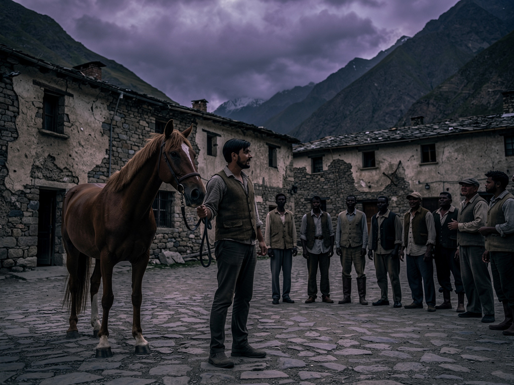 As Elias led his horse into the square, he was met by a group of men in rough linen waistcoats. Their leader, a man named Wil