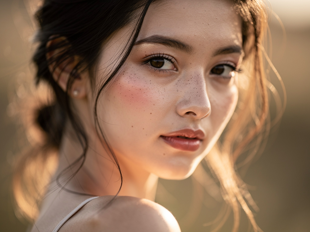 Hayal et: Yumuşak zarif bir pozla aynı kızın yakın plan portresini oluştur, hafifçe dönük yüz yüze bakan, doğal ifade, gevşek