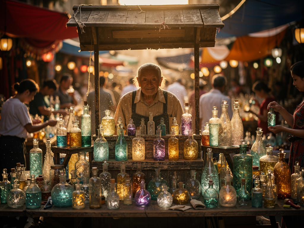 تخيل لو: بينما تمشي عبر السوق، تلاحظ أن كل بائع يبيع شظايا ذكريات منسية، كل واحدة مخزنة في زجاجة دقيقة، وتجذبك بائع الذكريات 