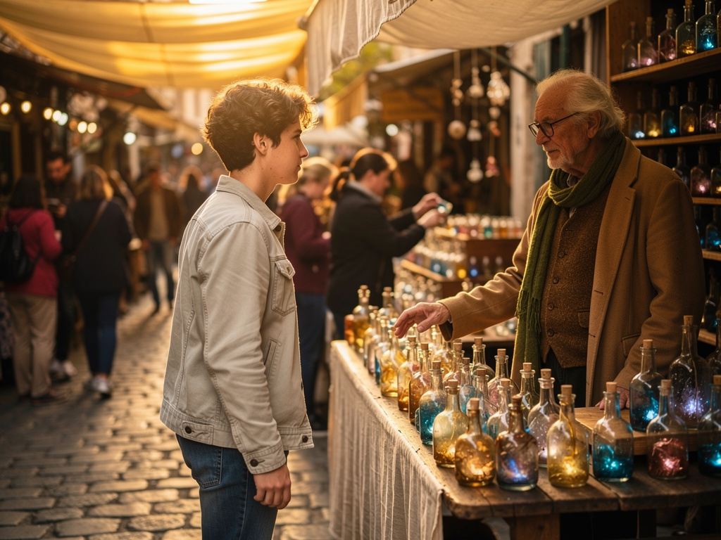 تخيل لو: بينما تمشي عبر السوق، تلاحظ أن كل بائع يبيع شظايا ذكريات منسية، كل واحدة مخزنة في زجاجة دقيقة، وتجذبك بائع الذكريات 