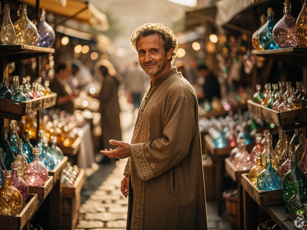 تخيل لو: بينما تمشي عبر السوق، تلاحظ أن كل بائع يبيع شظايا ذكريات منسية، كل واحدة مخزنة في زجاجة دقيقة، وتجذبك بائع الذكريات 