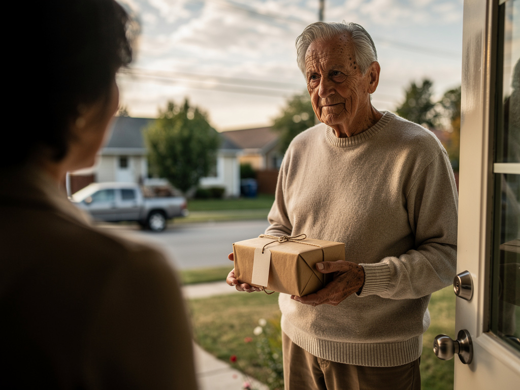 Imagine if: The doorbell rings, and it's the neighbor from your childhood home, now an old man, holding a small package with 