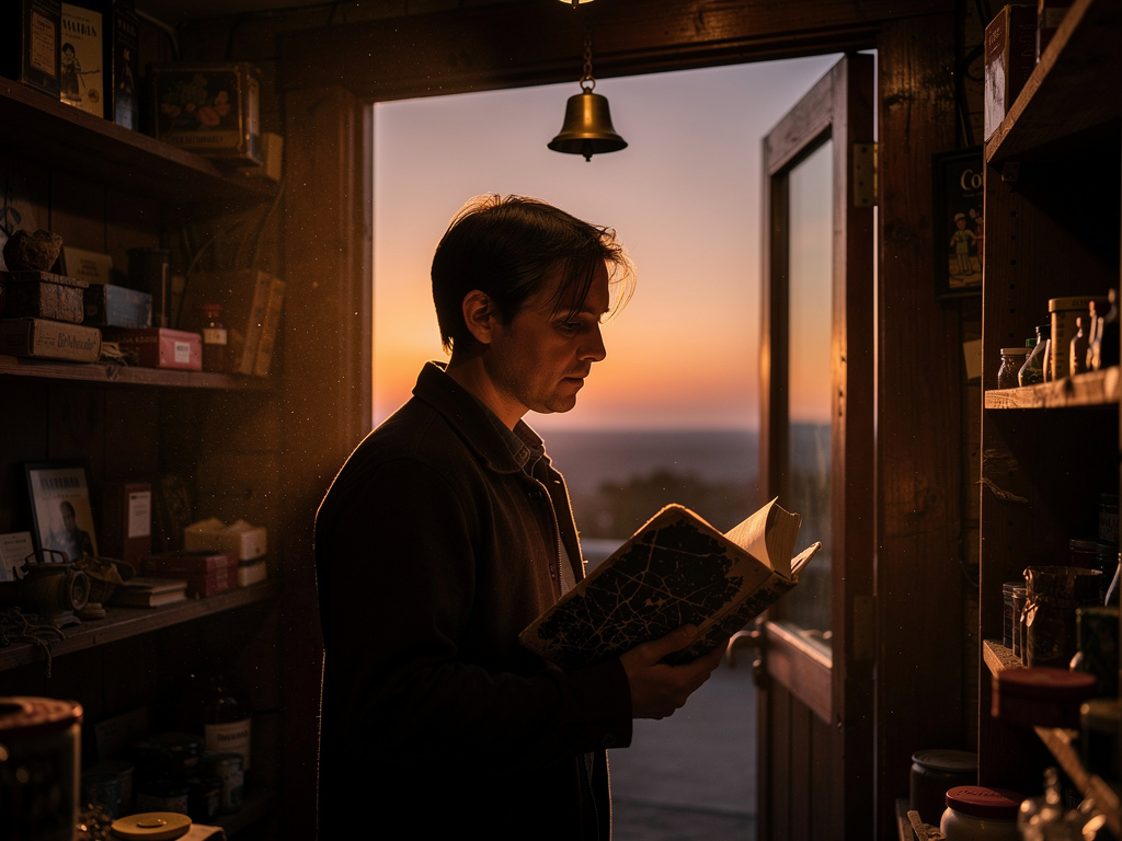 Ela segura um livro antigo nas mãos, com a capa desgastada, e parece um pouco perdida, como se tivesse procurado esse lugar h