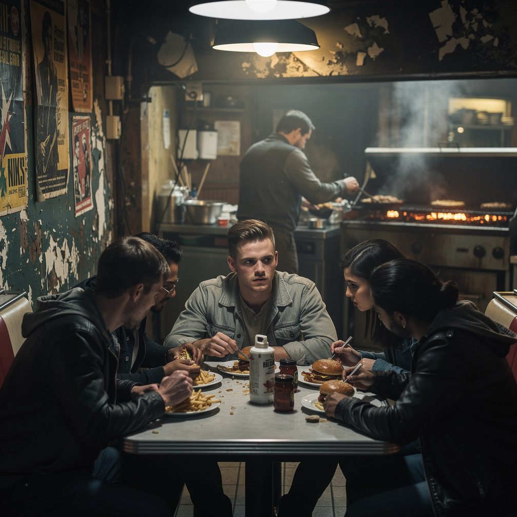 Incontra i suoi vecchi amici e mangiano un hamburger per prepararsi