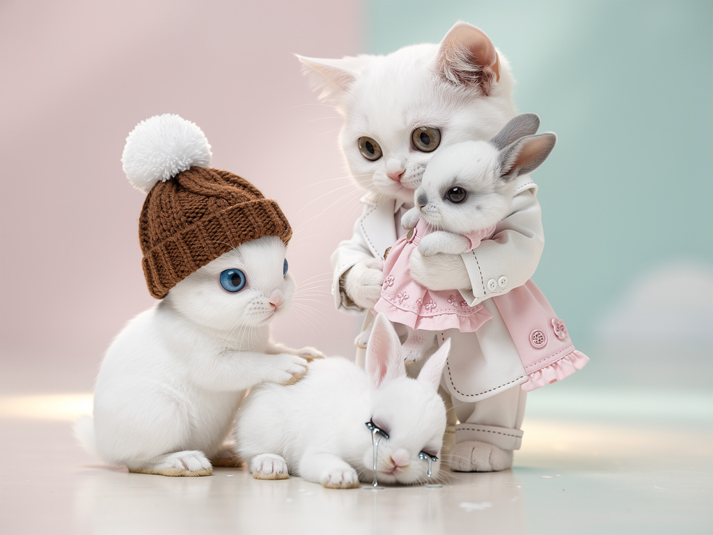 Imagine se: Faz uma gatinha branca com um terno branco e segurando a coelhinha branca com olhos cinzas de vestido rosa e quan